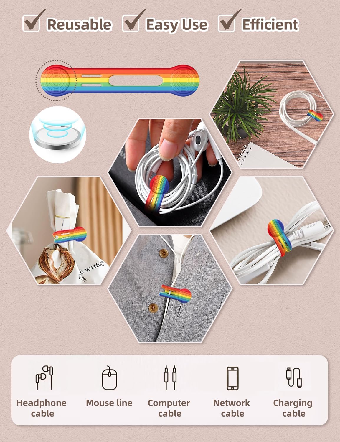 Kanemc 8 Pack Magnet Clips Cord Organizer, Rainbow Colored Reusable Cable Ties Silicone Wire Winder Straps For Travel Charging Cell Phone Cords Storage Whiteboard Markers Refrigerator Magnet