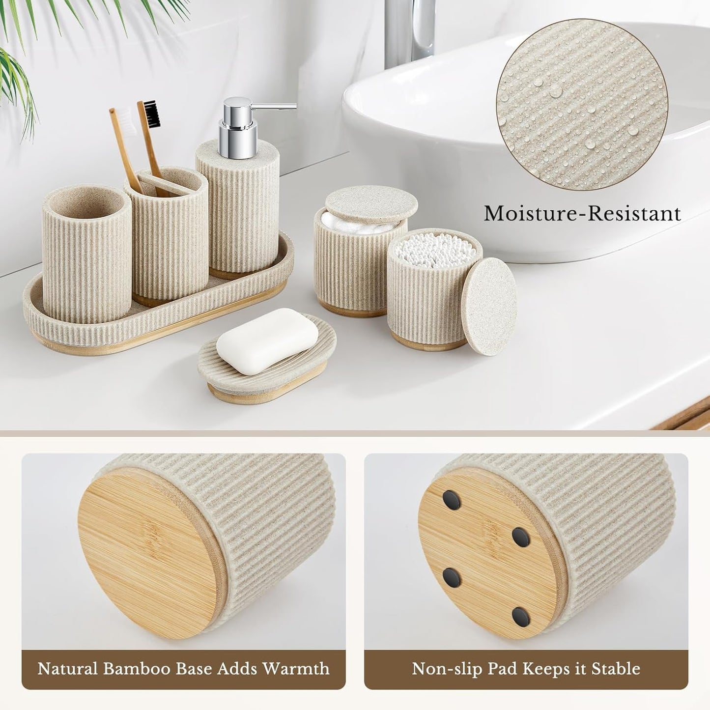 Bathroom Accessories Set, 7PCS Resin Bathroom Set with Bamboo Base, with Soap Dispenser, Q-tip Holder, Toothbrush Holder, Tumbler, Soap Dish, Vanity Tray, Complete Bathroom Set for Modern Decor,Beige