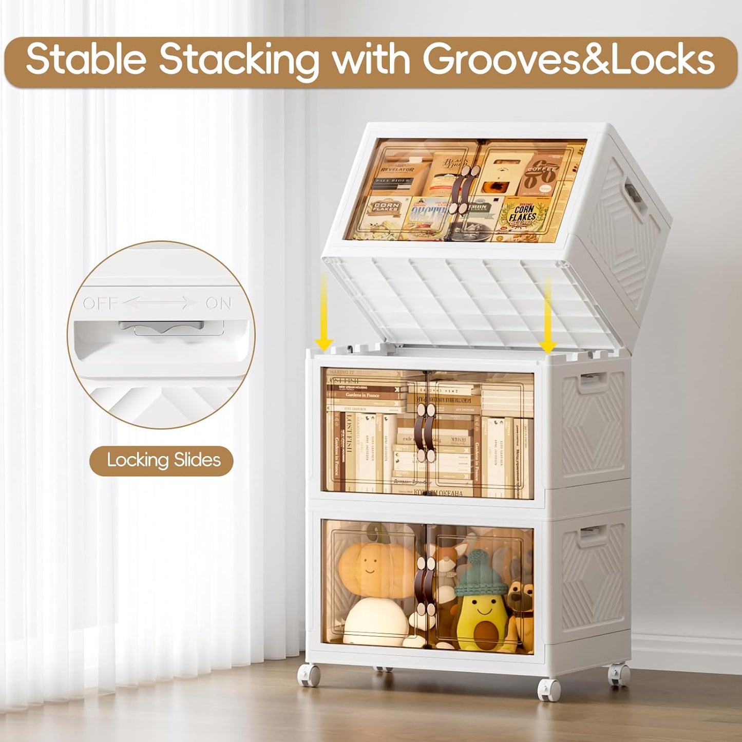 JEKO&JEKO 246Qt Stackable Storage Bins with Lids and Wheels, Foldable Collapsible Plastic Boxes for Clothes, Home, White, 3 Pack