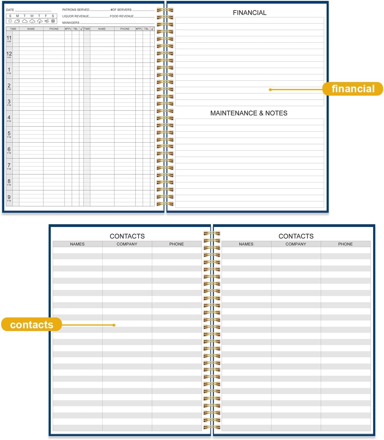 Reservation Book for Restaurant, Table Reservations, Spiral bound Restaurant Dinner Reservations 365 Days 384 Pages, 8.5” x 11'' Blue