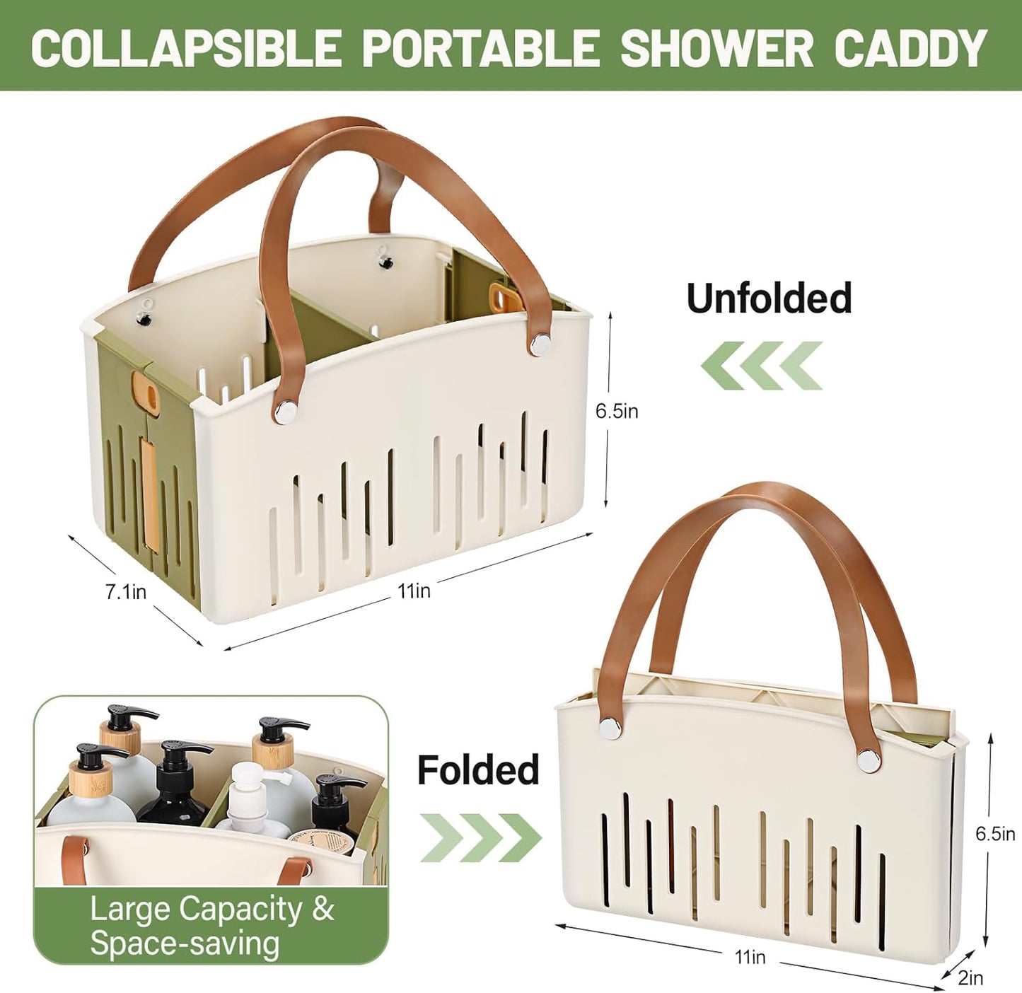 Portable Shower Caddy Collapsible Plastic Shower Basket Tote with Handles Removable Divider, Cleaning Caddy Storage Organizer for Bathroom College Dorm (Green)
