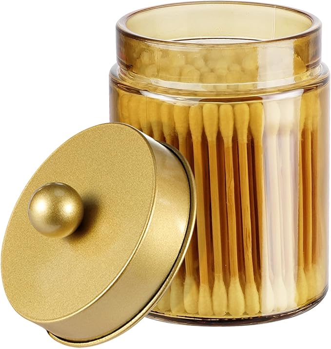 Amolliar Bronze Glass Apothecary Jar With Metal Lid & Stickers, Bathroom Qtip Dispenser Storage Canister, Perfect for Cotton Balls, Cotton Swabs, Makeup Pads, Bath Salt, Floss, 1 Pack(Gold)