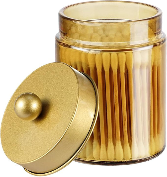 Amolliar Bronze Glass Apothecary Jar With Metal Lid & Stickers, Bathroom Qtip Dispenser Storage Canister, Perfect for Cotton Balls, Cotton Swabs, Makeup Pads, Bath Salt, Floss, 1 Pack(Gold)
