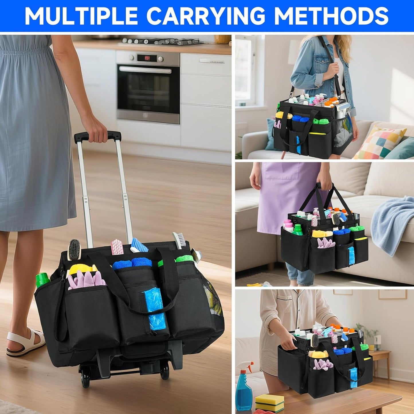 Large Rolling Cleaning Caddy Bag with Detachable Trolley,Cleaning Cart on Wheels with Shoulder Strap,Cleaning Supplies Organizer for Housekeepers,Black