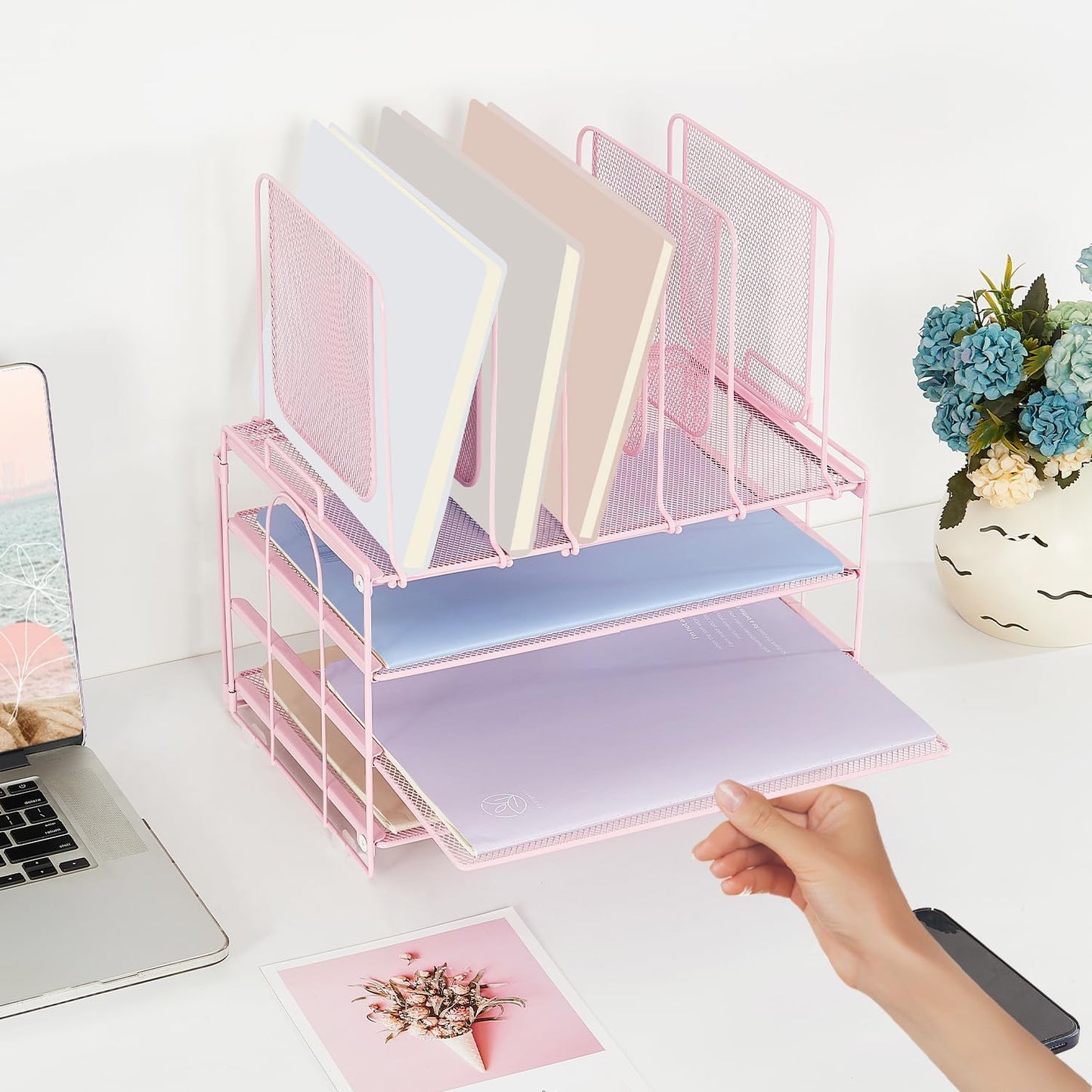 Desk Organizers and Accessories, 3-Tier Paper Organizer with 5 Vertical File Holders, File Organizer for Desk (Pink, 3T)
