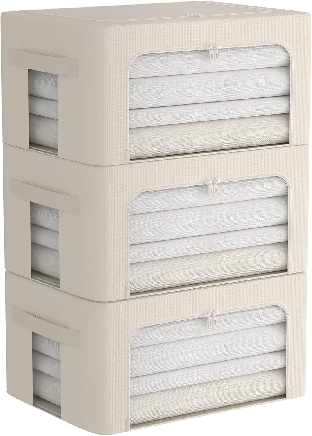 3Pack Frame Storage Box - Clothes Storage Bin Bags Oxford Fabric Foldable Stackable Container Organizer Set with Clear Window & Carry Handles (Beige, Medium-44L)