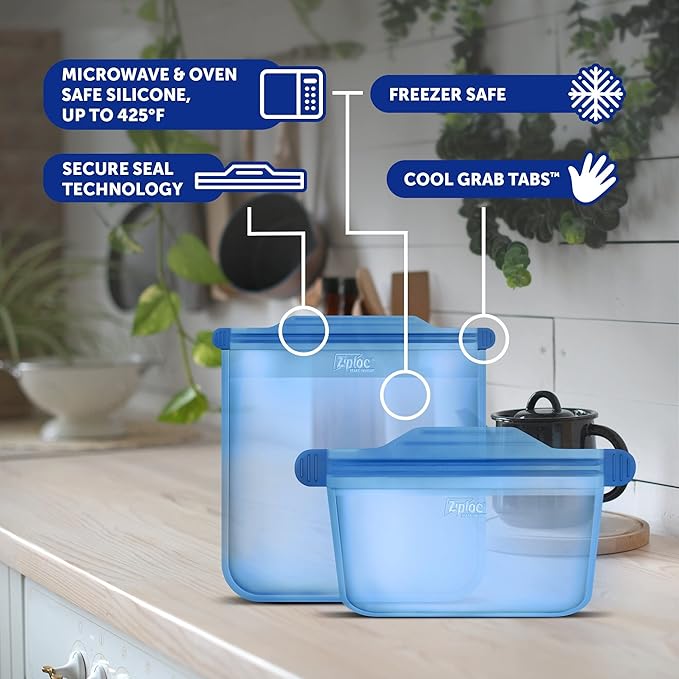 Ziploc Endurables Small, Medium, and Large Pouch, Reusable Silicone Bags and Food Storage Meal Prep Containers for Freezer, Oven, and Microwave, Dishwasher Safe