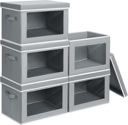 Stackable Storage Bins with Lids - Large Decorative Basket with Lids, Fabric Foldable Closet Organizer Bins, Shelf Organizer for Living Room, Dorm, 5 Pack, Grey