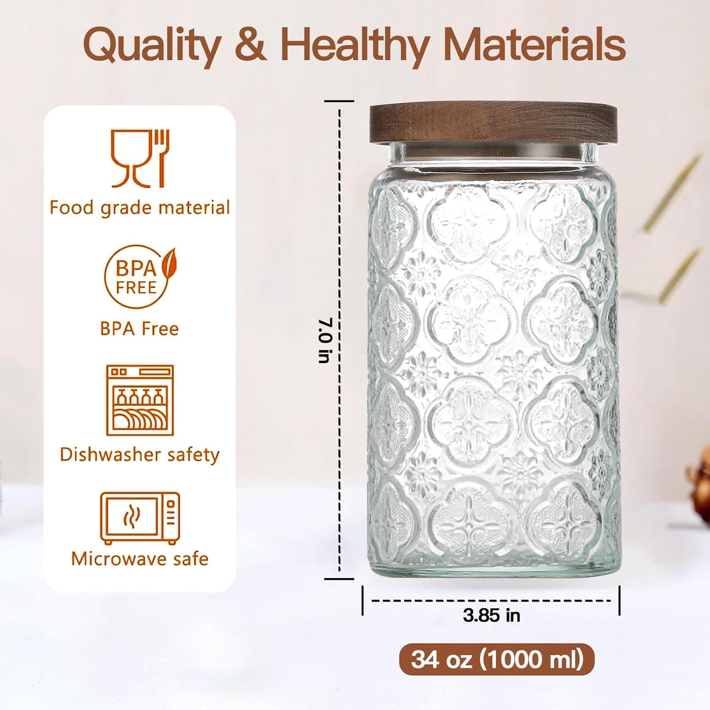 34 OZ Airtight Glass Storage Jar with Bamboo Lid - Vintage Glass Jar Vintage Food Containers Canisters Set for Kitchen Counter & Pantry - Ideal for Sugar, Flour, Coffee, Tea, Candy, Oats -2 Pack