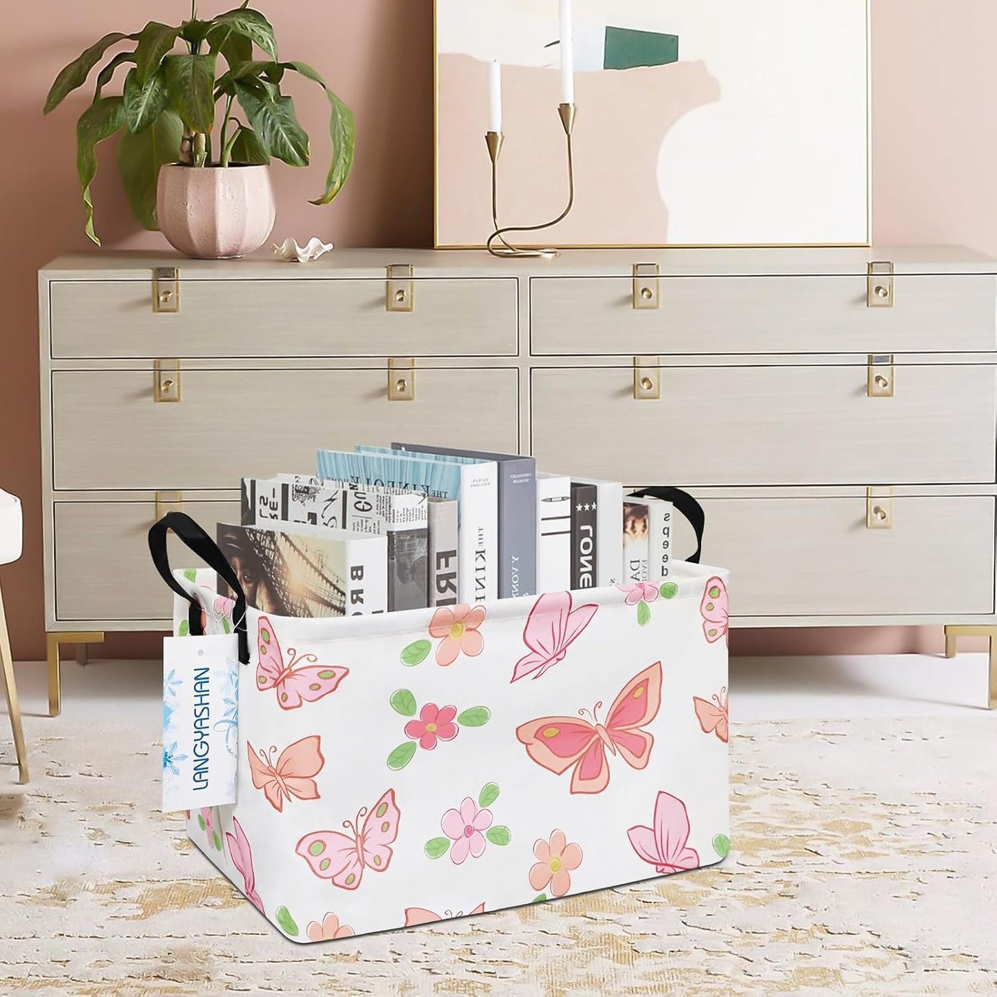 LANGYASHAN Rectangular Storage Bin Collapse Canvas Fabric Cartoon Storage Basket with Handles for Organizing Home Kitchen Boys and Girls Toys Office Closet Shelf Baskets (Rec Pink Butterfly)