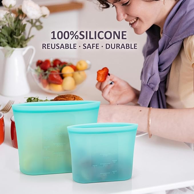 8-Pack Reusable Silicone Food Storage Bags, 100% Silicone Stand-Up Wide-Open Zip-Lock Reusable Storage Bags for Food, Freezer Microwave Oven Dishwasher Safe, Aqua, 4L 2M 2S