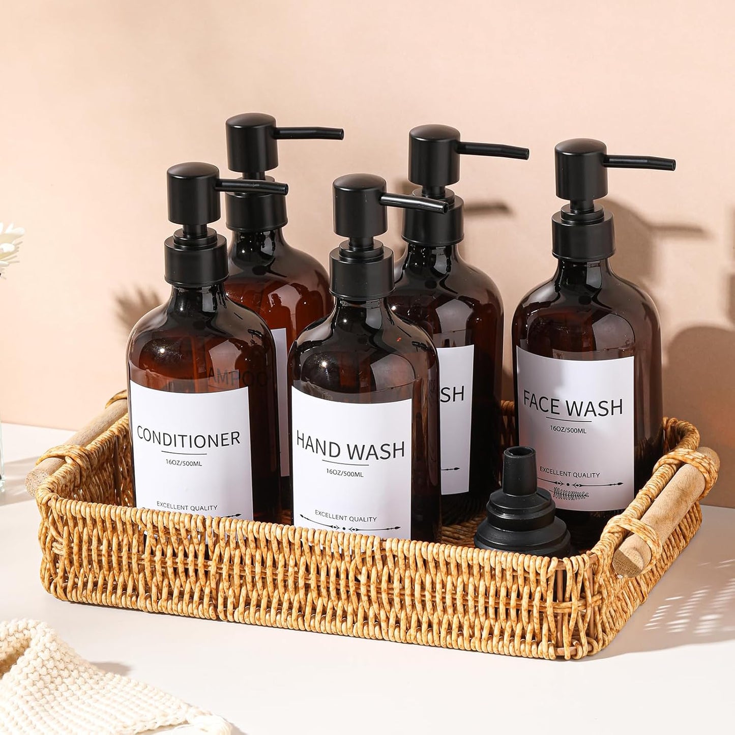 Shampoo and Conditioner Bottles(5Pack),Shampoo Dispenser for Shower,Bottles Refillable with Pump,Bathroom Dispenser Sets(Amber)