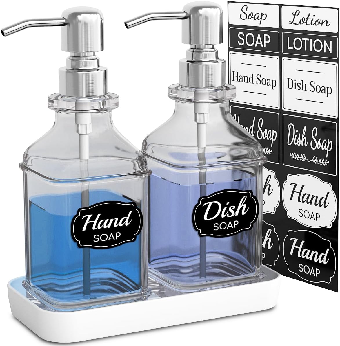 Soap Dispenser - 2 Pack, Antique Design Thick Glass Hand Soap Dispensers with Sturdy Tray; 304 Rust Proof Stainless Steel Silver Pump, 12Pcs Stickers, for Kitchen, Bathroom