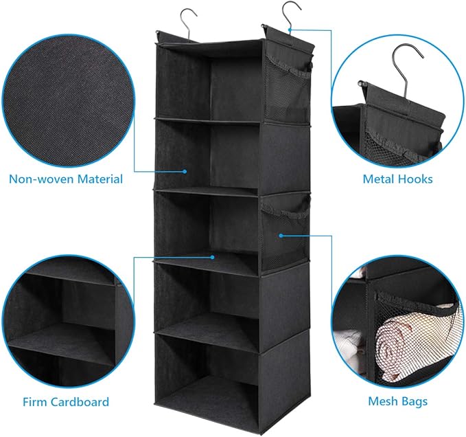 MAX Houser 5-Shelf Hanging Closet Organizer,Space Saver, Cloth Hanging Shelves with 4 Side Pockets,Foldable, Black