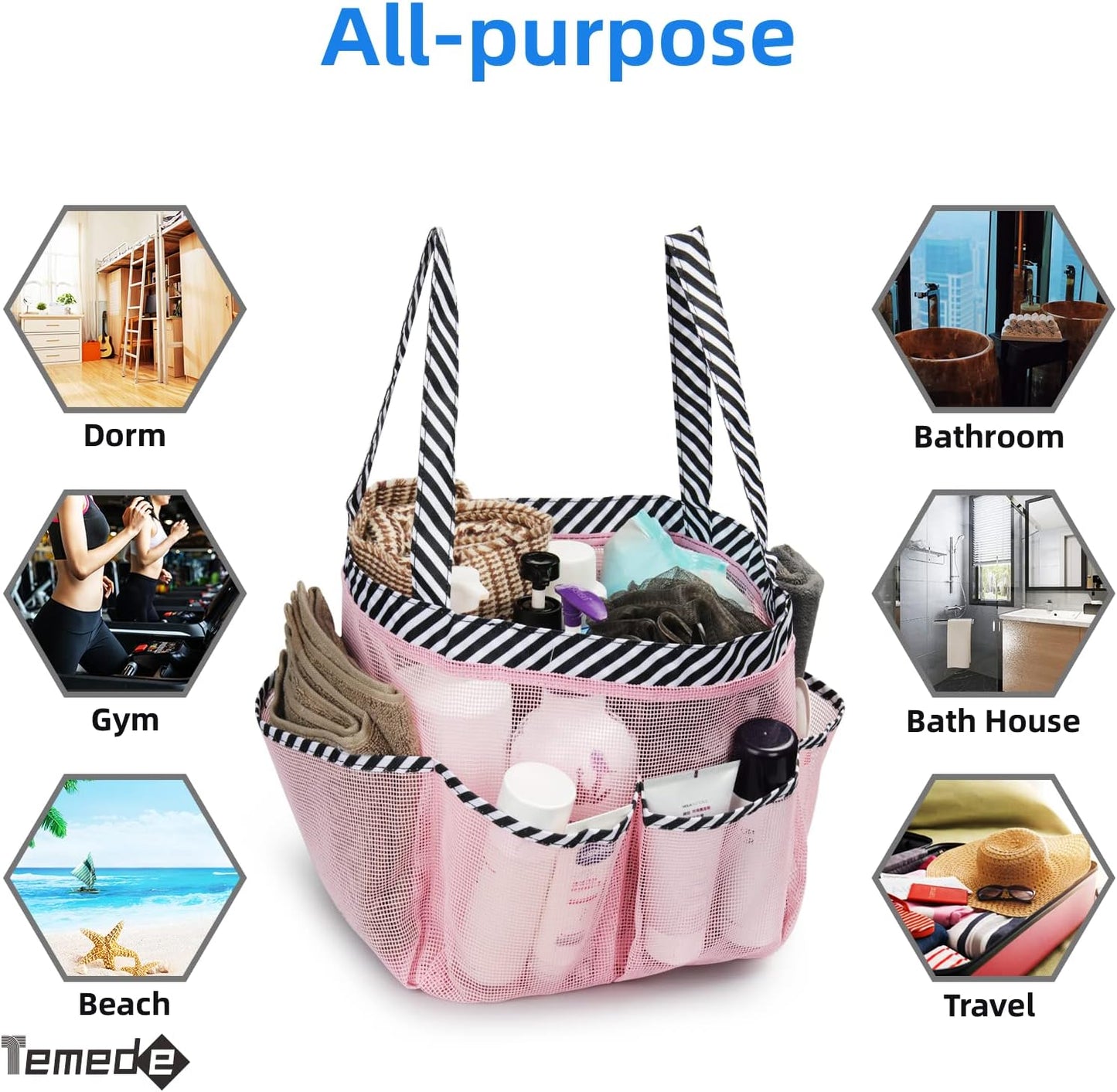 Temede Mesh Shower Caddy Tote, Large Shower Caddy Basket Portable, Quick Dry Hanging Toiletry Bag, 8 Storage Pocket Bath Organizer for College Dorm Room, Gym, Bathroom, Camp, Travel (Pink+Stripes)