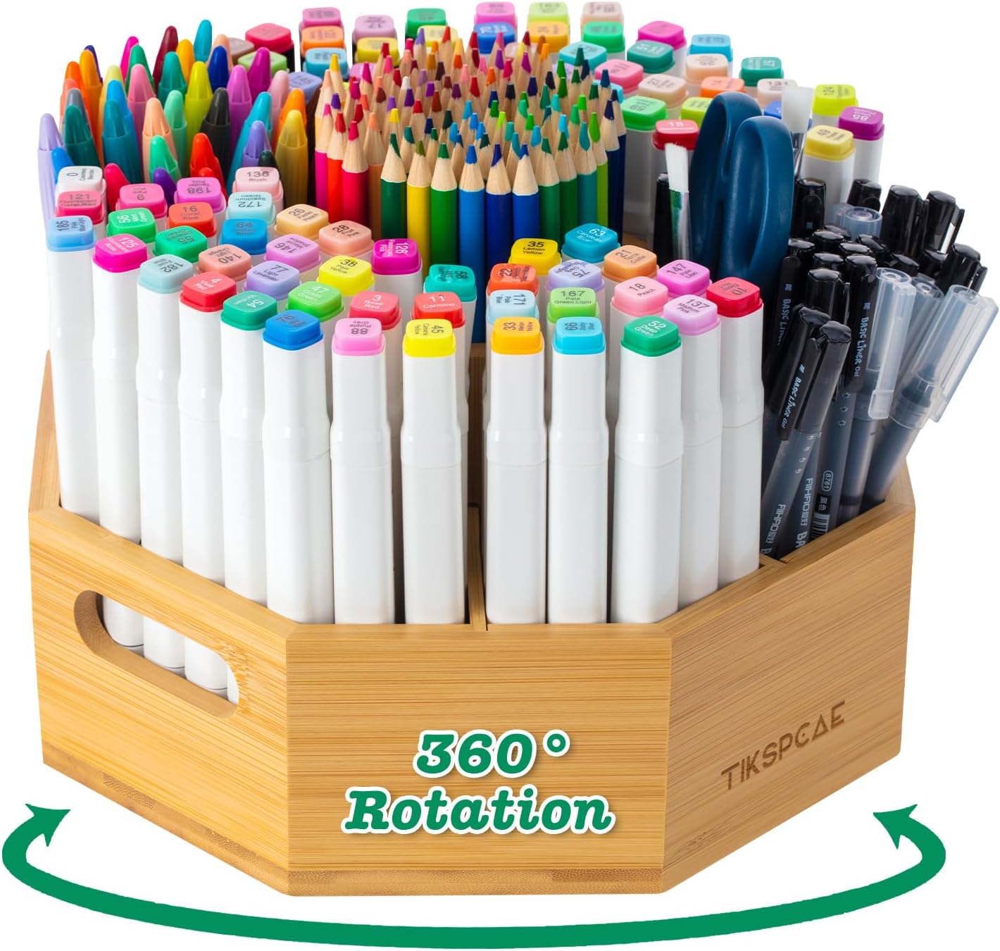 360° Rotating Art Supply Organizer, Holds 750+ Pencils, Bamboo Marker & Pen Holder with Handles, Desk Storage Caddy for Paint Brushes, Crayons, Ideal for Office, Home, Classroom