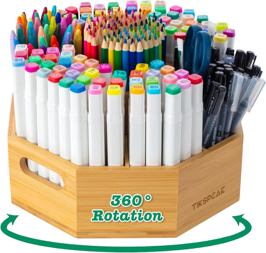 360° Rotating Art Supply Organizer, Holds 750+ Pencils, Bamboo Marker & Pen Holder with Handles, Desk Storage Caddy for Paint Brushes, Crayons, Ideal for Office, Home, Classroom