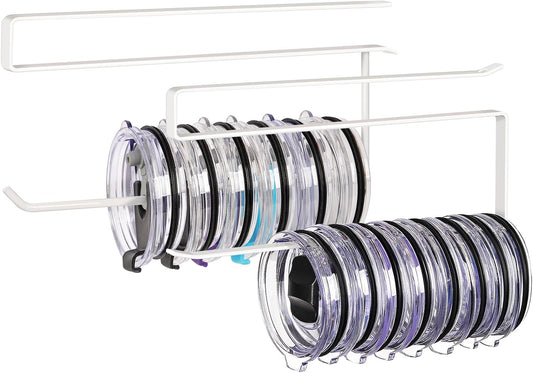 2 Pack Tumbler Lid Organizer, Horizontal Tumbler Lid Storage Hook Up to 20 Lids, Space Saving Cup Lid Holder Under Cabinet Tumbler Lid Hook for Kitchen Organizer, Paper Towel Hanger(Round&Flat, White)