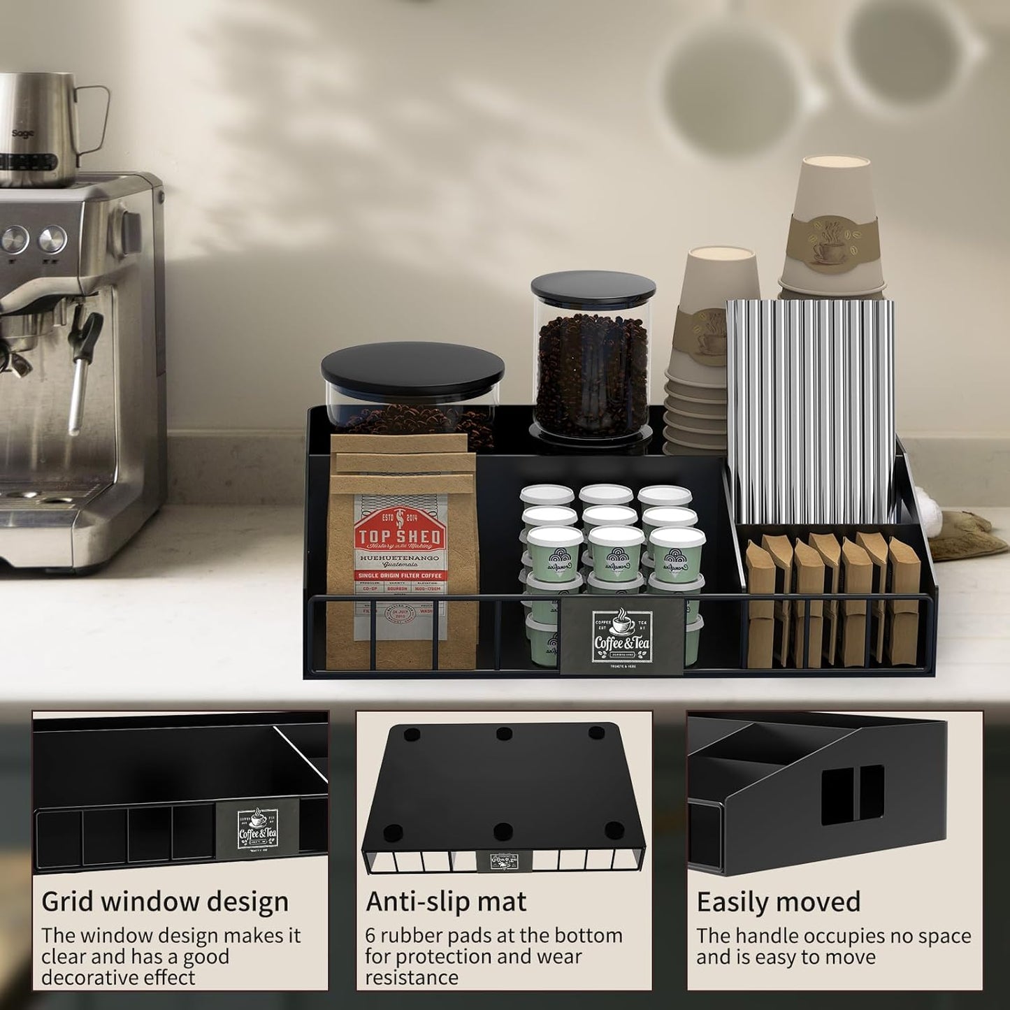 Metal Coffee Station Organizer for Countertop - Coffee Bar Organizer with Designable DIY Logo, K Cup Pods Holder & Tea Condiment Storage - Rustic Breakroom Kitchen Decor in Balck （1 Pcs）