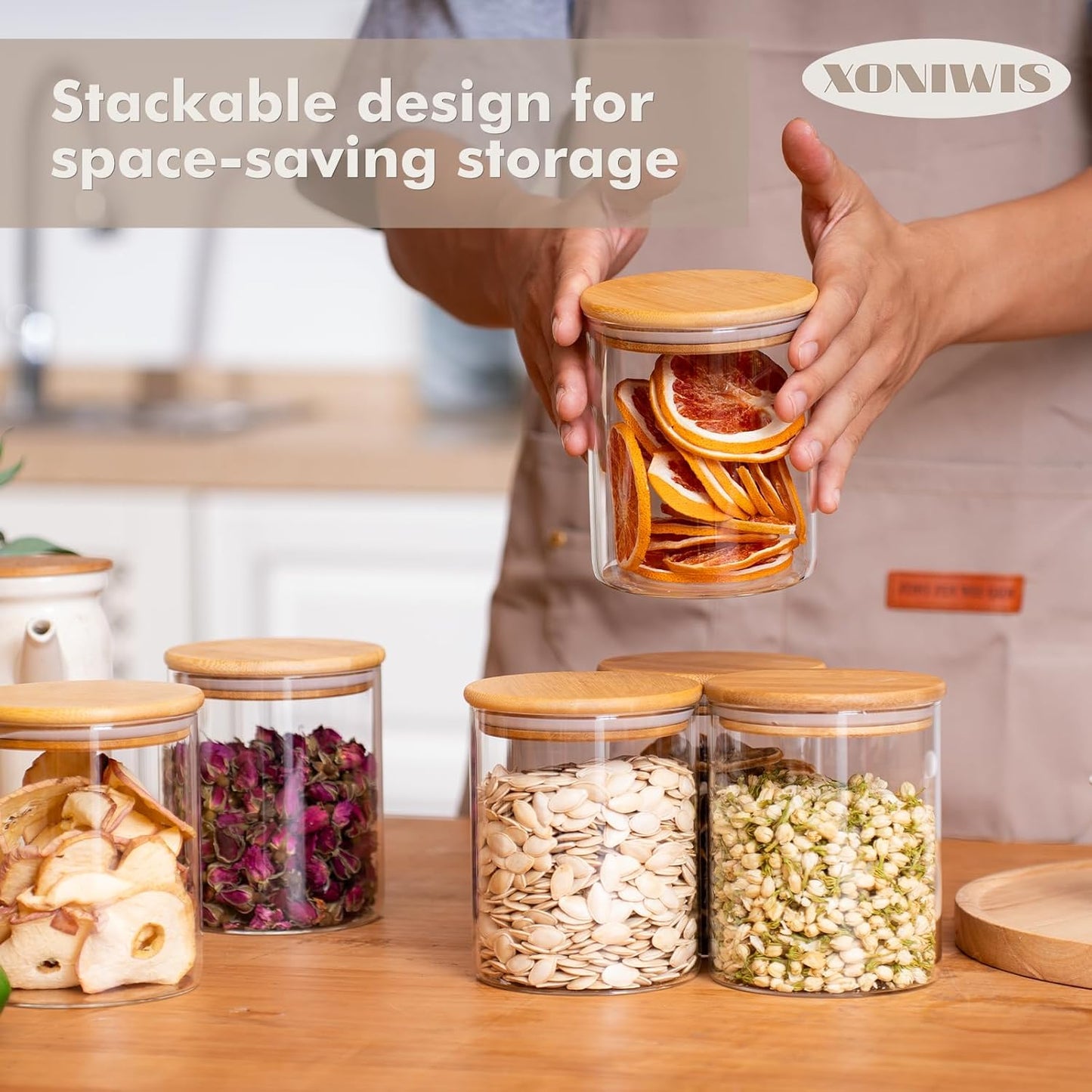 32oz 6PCS Round Airtight Glass Food Storage Jars, Clear Glass Food Storage Container with Bamboo Lid, Stackable Spice Jar, Kitchen Canister for Sugar, Tea, Coffee bean, Pasta, Oat, Spice