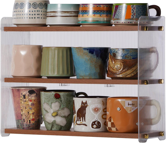 Coffee Mug Holder Wooden Cup Station Organizer 3-Tier Cup Holder for Coffee Bar Mug Display Rack for Countertop Mug Holder Shelf for Home Kitchen Nut Brown