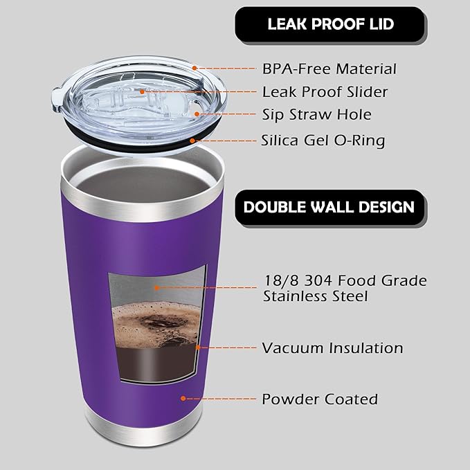 20oz Tumbler Bulk Stainless Steel Tumblers with Lid Vacuum Insulated Double Wall Travel Coffee Mug Powder Coated Tumbler Cup for Hot and Cold Drinks(Purple, 6 pack)