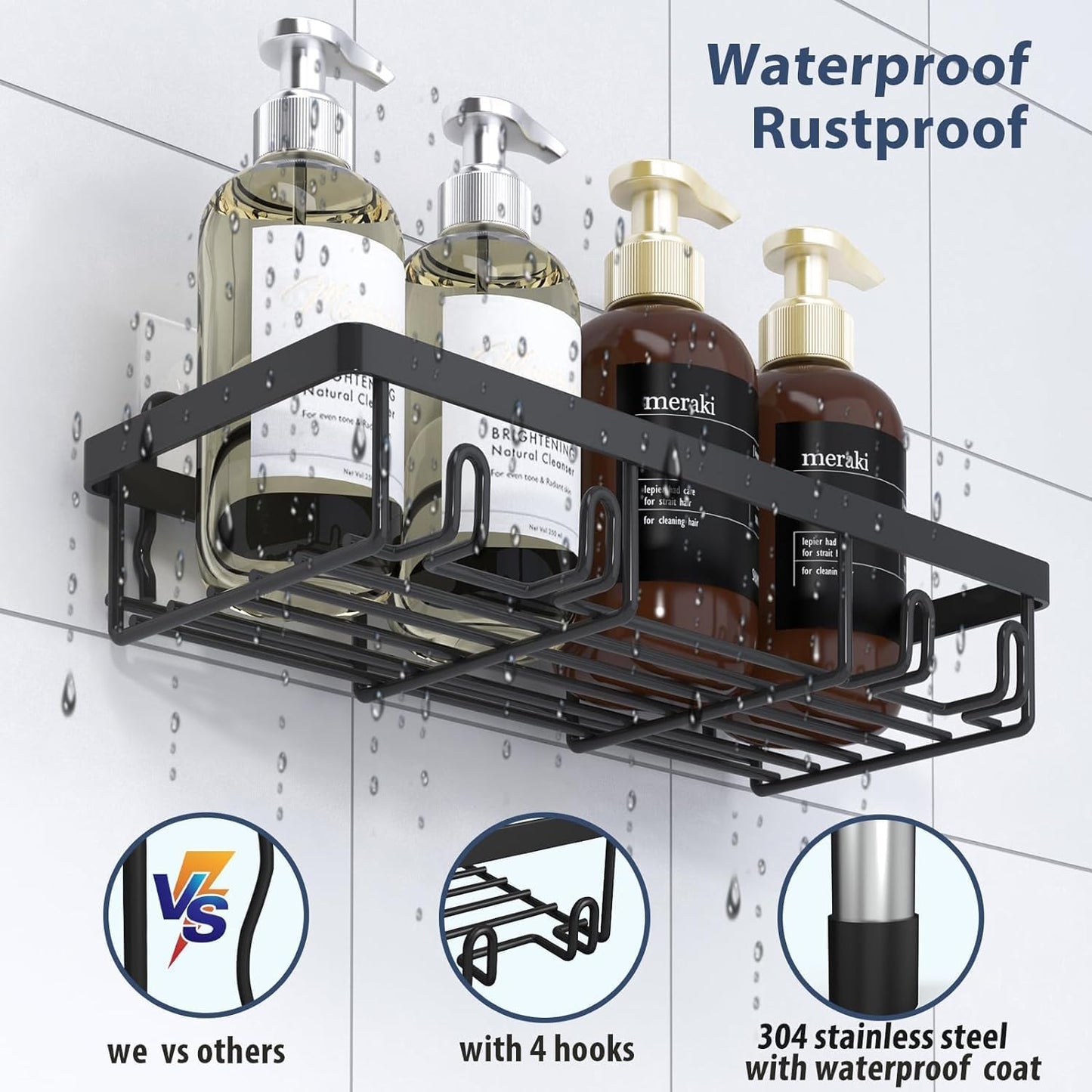 10 Pack Shower Caddy Organizer Rack Shelf for Inside Shower, Self Adhesive Wall Storage Basket Rustproof Stainless Steel Shampoo Holder Bathroom Accessory Decor Set, Black