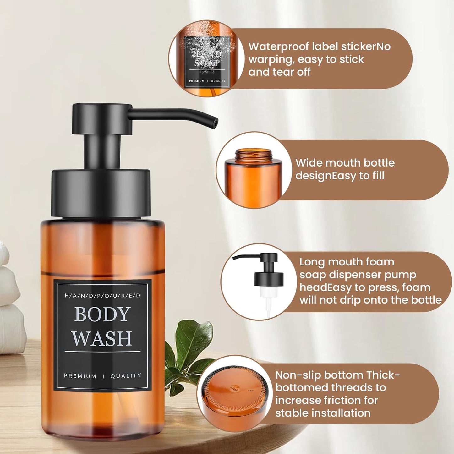 6 Pack 10 OZ Glass Foaming Soap Dispenser for Bathroom & Kitchen Foaming Hand Soap Dispenser with Labels Dispenser for Liquid Soap,Shampoo,Body Wash,Dish Soap,Amber