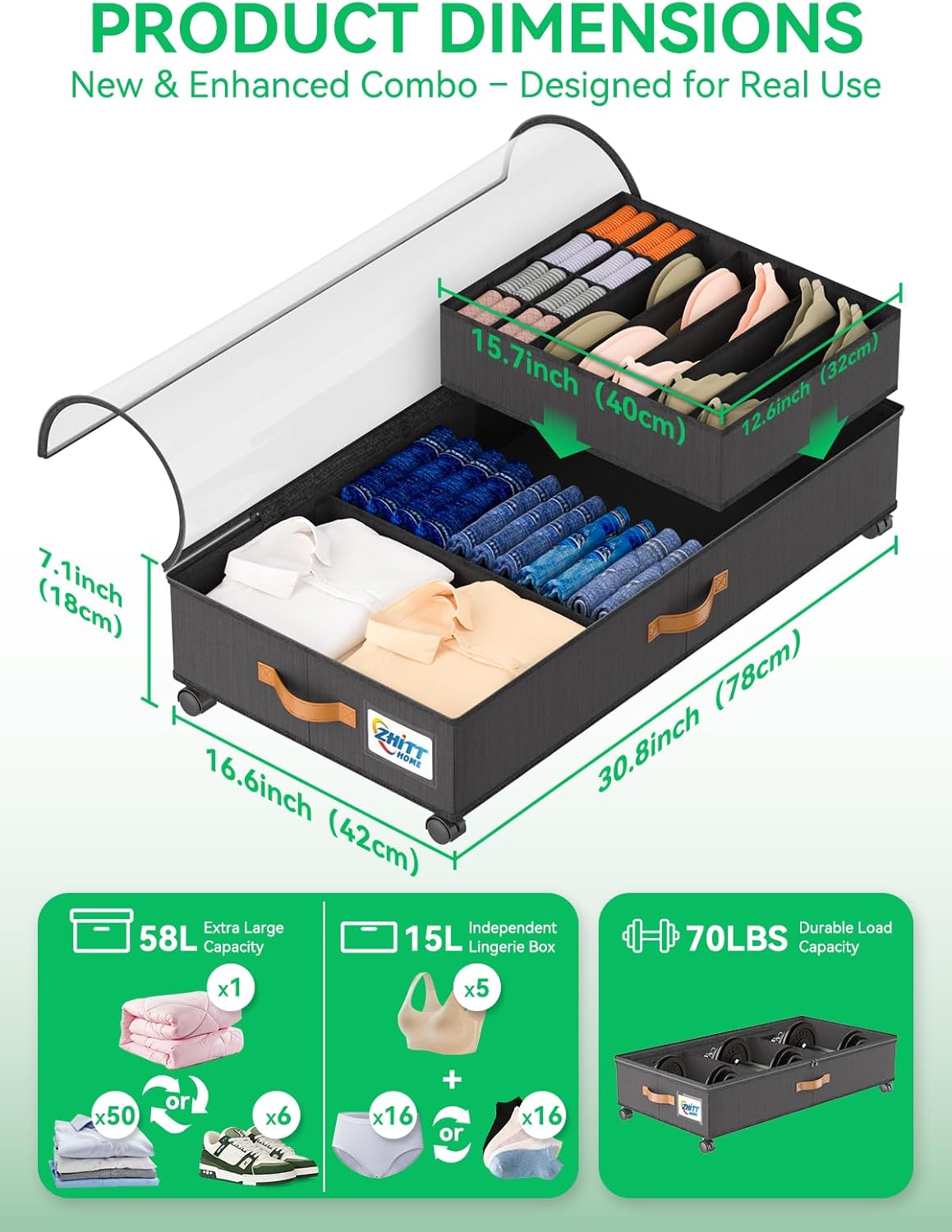 Under Bed Storage with Underwear Organizer Dividers, Scalable Under Bed Storage Containers with Wheels and Lids, 2Pack Underbed Storage Organizer Rolling Bins for Shoes Clothes