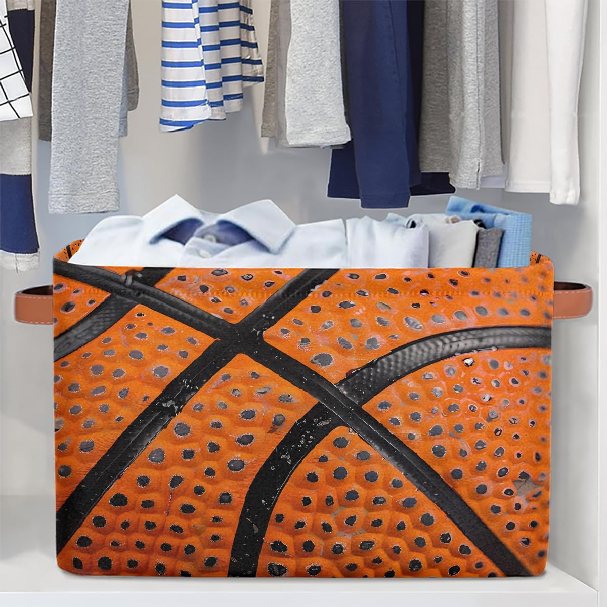Basketball Storage Basket for Shelves, Storage Bins with Handles, Collapsible Basket for Organizing, Closet Toy Baskets for Nursery Room, 15x11x9.5 in, Canvas, Sports Bsketball Lace