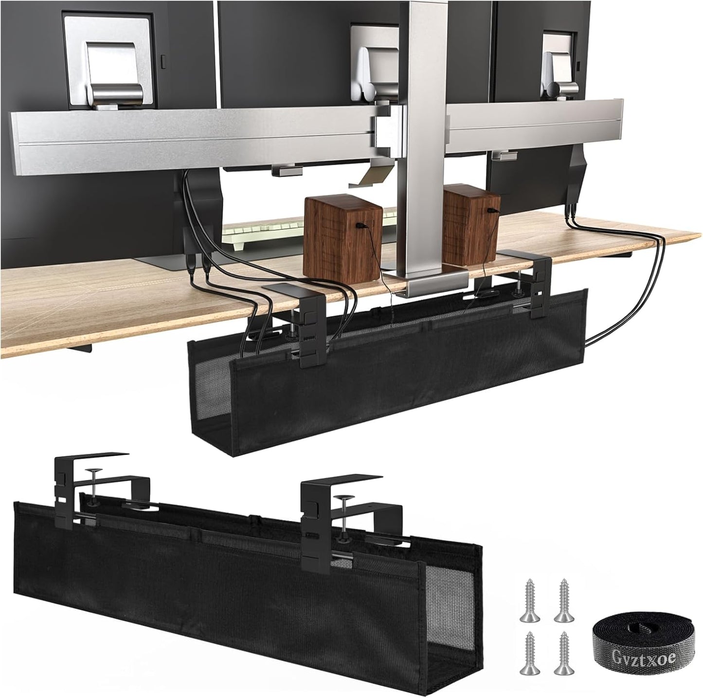 No Drill Under Desk Cable Management Tray, 27.56in Cord Management with Ventilated Mesh, Clamp/Screw Mount Cord Organizer, Fabric Standing Desk Cable Management for Office, Home