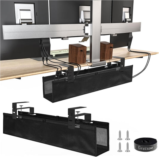 No Drill Under Desk Cable Management Tray, 27.56in Cord Management with Ventilated Mesh, Clamp/Screw Mount Cord Organizer, Fabric Standing Desk Cable Management for Office, Home