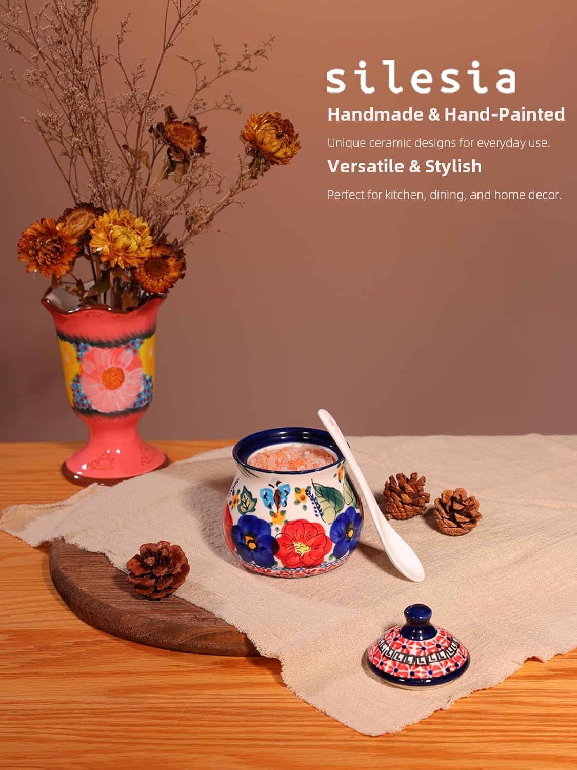 silesia Handmade Sugar Bowl with Lid and Spoon, 9 Ounce Ceramic Hand-Painted Sugar Jar for Home in Gift Box, Kitchen Decor, Oven, Dishwasher & Microwave Safe, Polish Garden