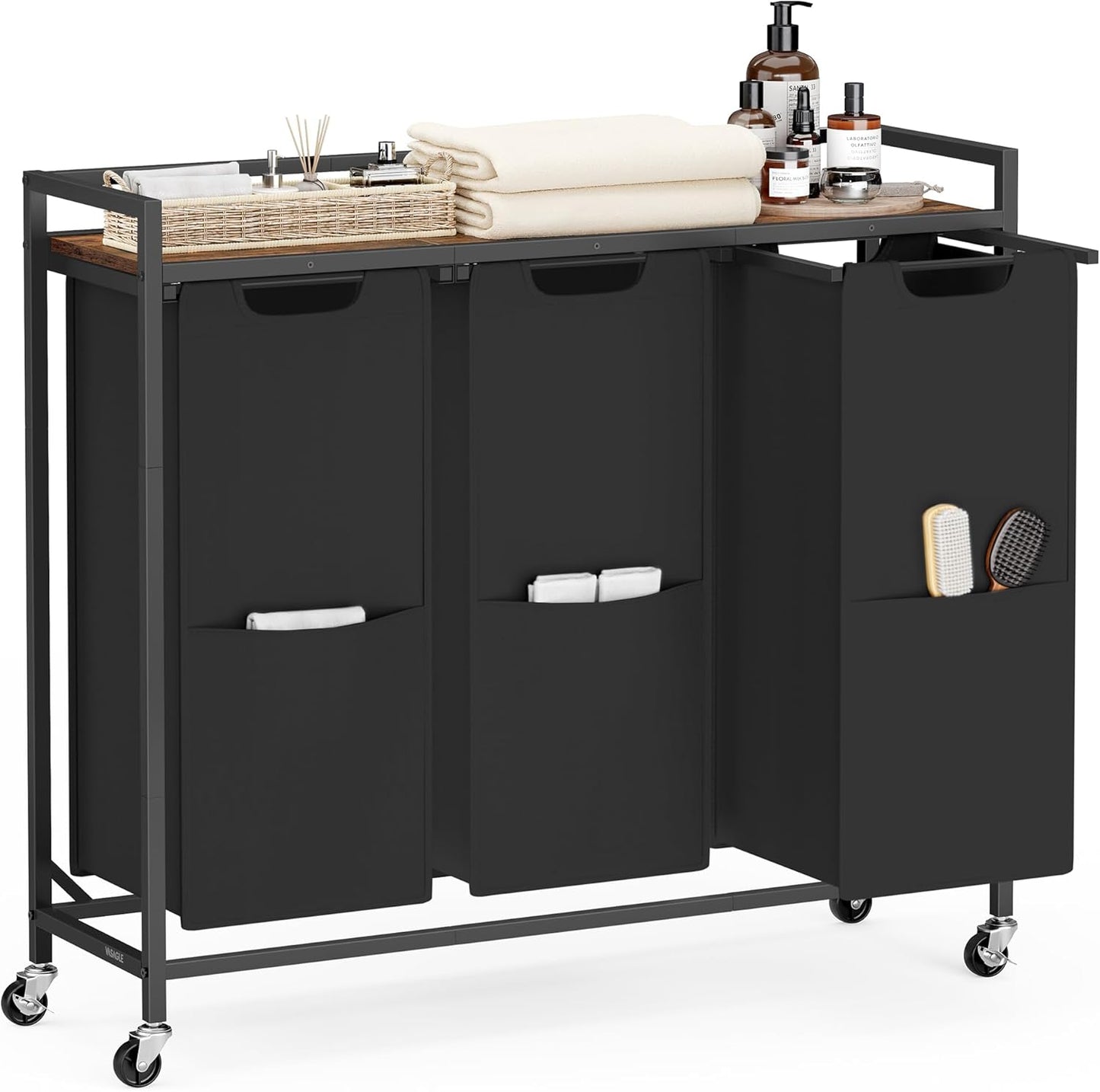 VASAGLE Laundry Sorter, 43.5 Gal. (165 L) Laundry Hamper Basket with 3 Compartments, Rolling Cart with Wheels, Shelf, Removable Bags, Pockets, Ink Black and Rustic Brown UBLH031B01