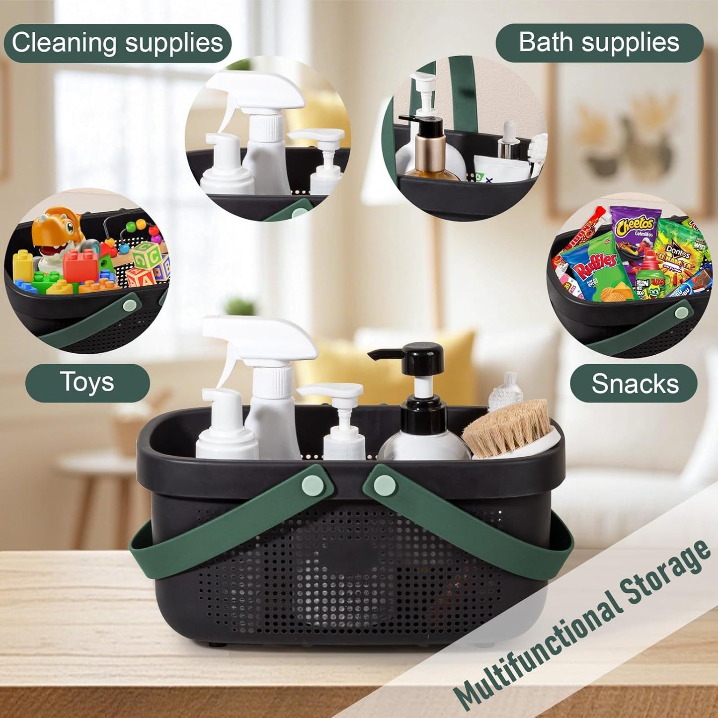 JiatuA Plastic Storage Basket with Handle Portable Shower Caddy Tote Organizer Basket Bin for Bathroom Kitchen Dorm Room Bedroom, Black Green