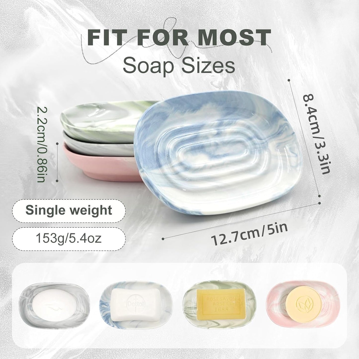 Elegant Ceramic Soap Dish for Shower with Unique Marble Texture, Decorative Bar Soap Holder for Bathroom & Kitchen, Easy Clean Versatile Cute Oval Soap Dishes for Soap Bars, Jewelry, Sponge