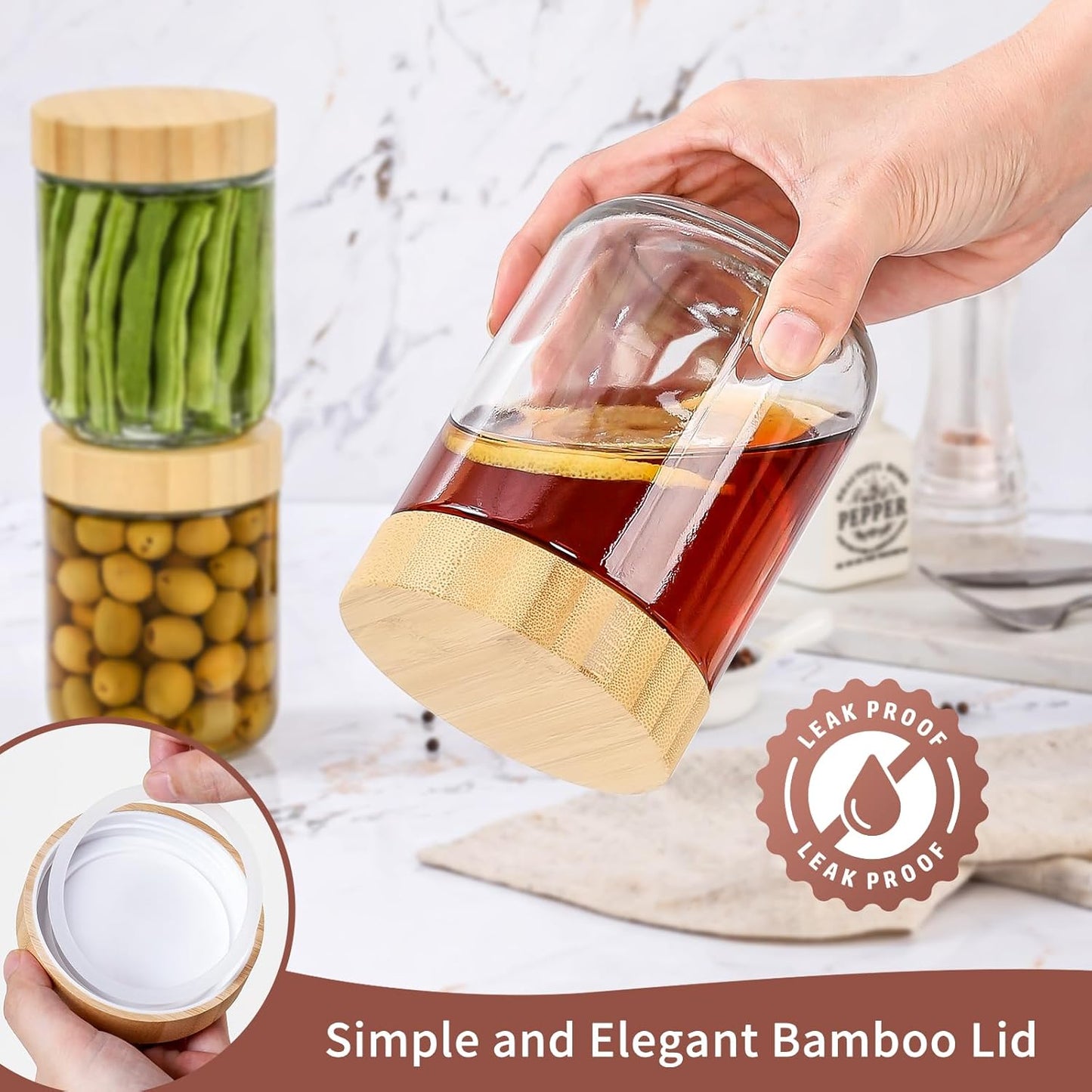 DRKIO 16 Oz Overnight Oats Containers with Bamboo Lids - 4 Pack Glass Storage Jars with Airtight Lids Wide Mouth Mason Food Jars Great for Meal Prep Salad Chia Pudding Snacks Yogurt Sugar Spice Cereal