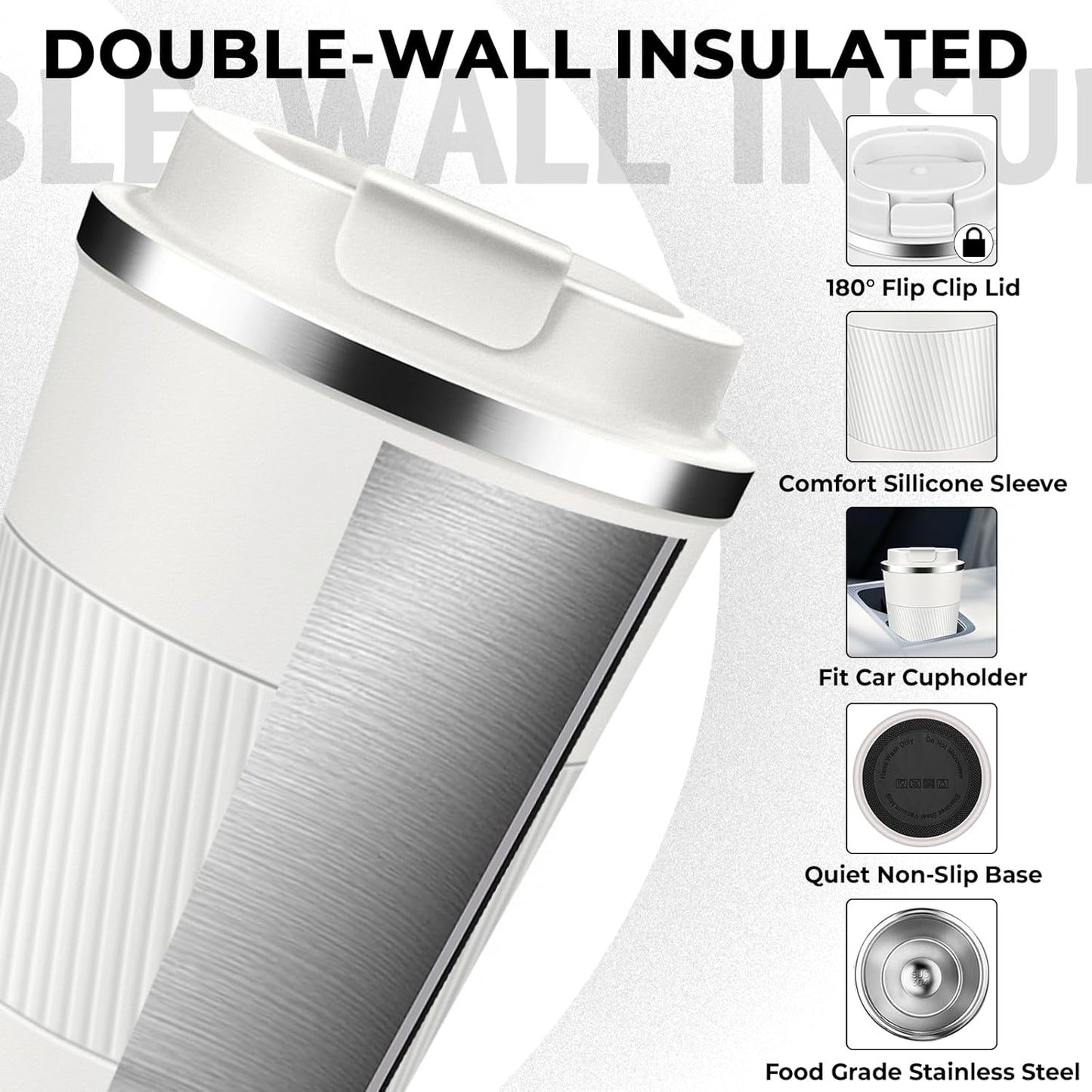 Insulated Coffee Tumbler 17 oz, Stainless Steel Coffee Mug with Lids, Travel Coffee Mug Leak Proof, Double Wall Vacuum Insulated Reusable Iced Coffee Cup, Keep Drinks Hot and Cold (White, 17 Ounces)