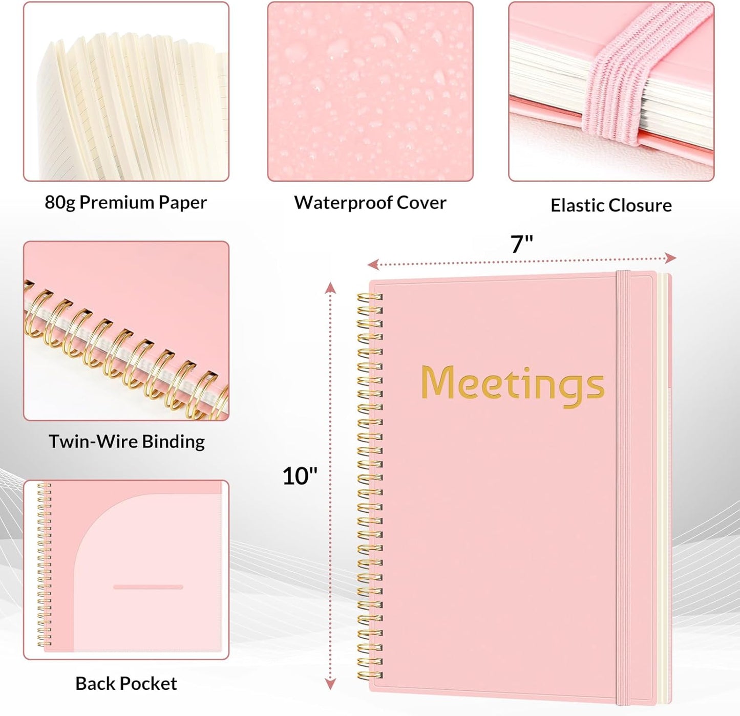 SUNEE Half Meeting Half Note 7"x10" Notebook for Work – 140 Pages, B5 Size Project Planner for Women&Men, Minutes Organizer for Meeting Notes, Ideas for Office/Business, PVC Waterproof Cover, Pink
