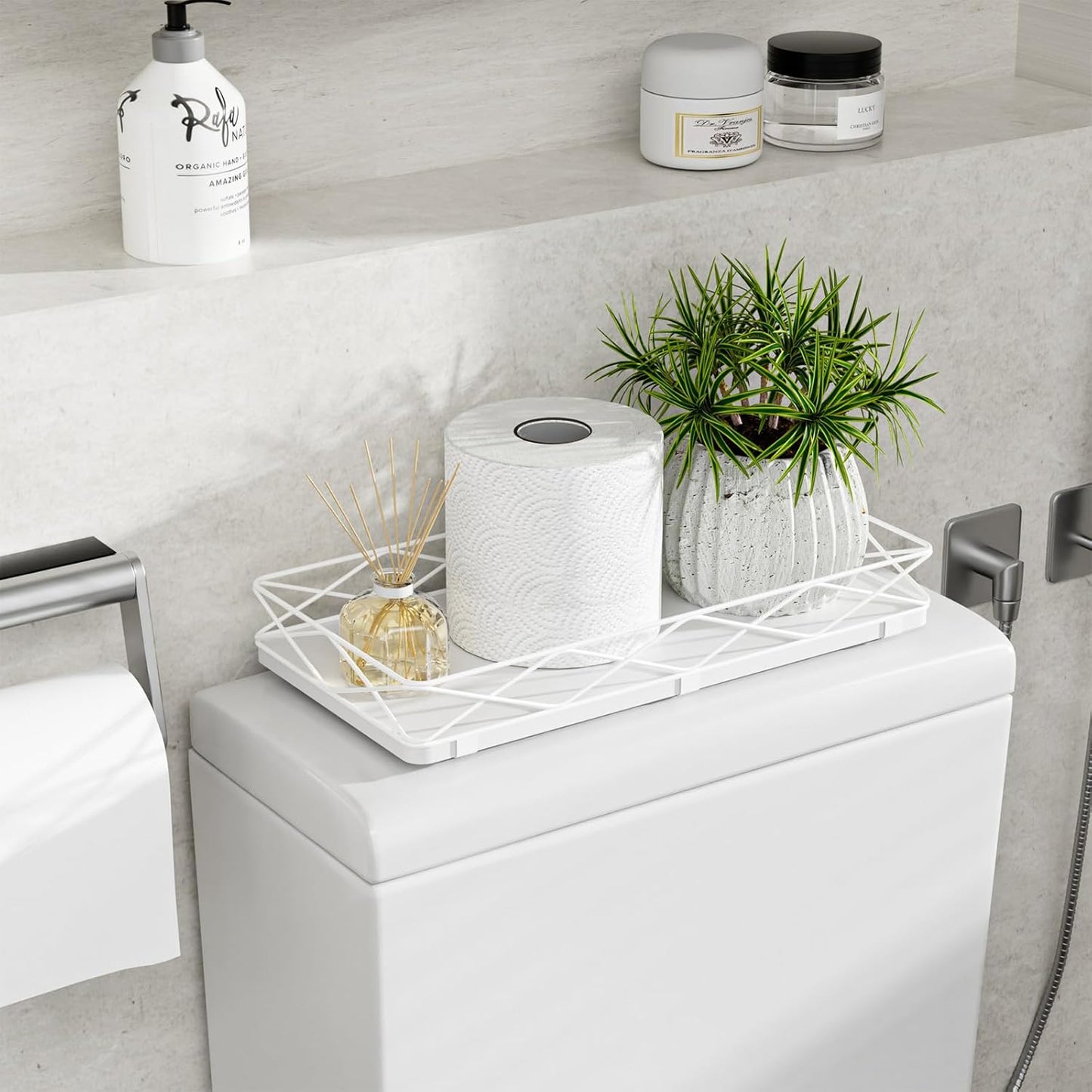 Toilet Paper Basket Holder, 13" Bathroom Tray Countertop, Wood and Metal Toilet Tank Tray Bathroom Vanity Organizer for Toiletry, Kitchen Sink Organizer for Soap Dispenser (White)