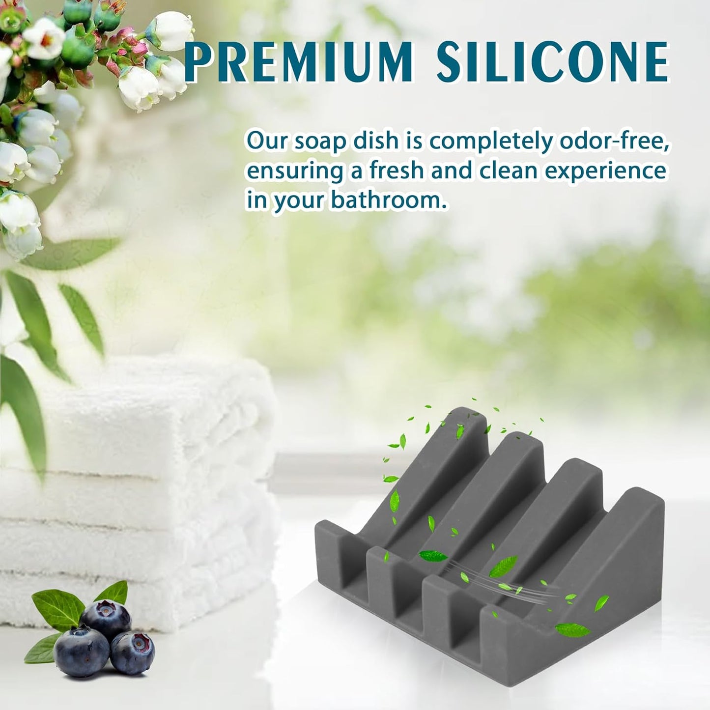 Silicone Soap Dish with Drain, Upgrade Double Suction Cups at The Bottom for Anti-Slip and Stability, Soap Dish Shower Waterfall Bar Soap Holder Tray with Drain Soap Holder (1, Grey)