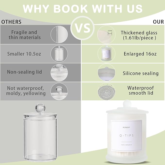 Qtip Holder & Cotton Pad Dispenser, Bathroom Organizer and Storage Canisters, 16oz Glass Apothecary Jars for Kitchen, Restroom - Home Decor, Room Decor Aesthetic (2 Pack, Frosted White)