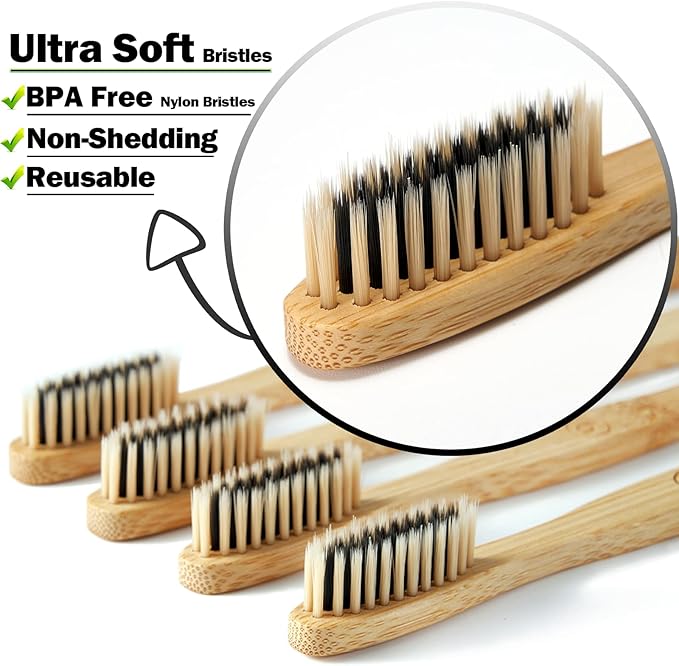 10 Count Bamboo Toothbrush (Soft+Medium) Charcoal Toothbrushes, Natural Wood Toothbrush, Reusable Travel Toothbrushes