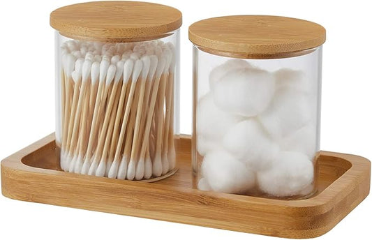 Glass Qtip Holder with Vanity Tray, Apothecary Jars Bathroom Accessories Bathroom Canisters Organizer Countertop Q Tip Holder for Cotton Ball Round Swab Pad Hair Ties Floss Perfume Jewelry
