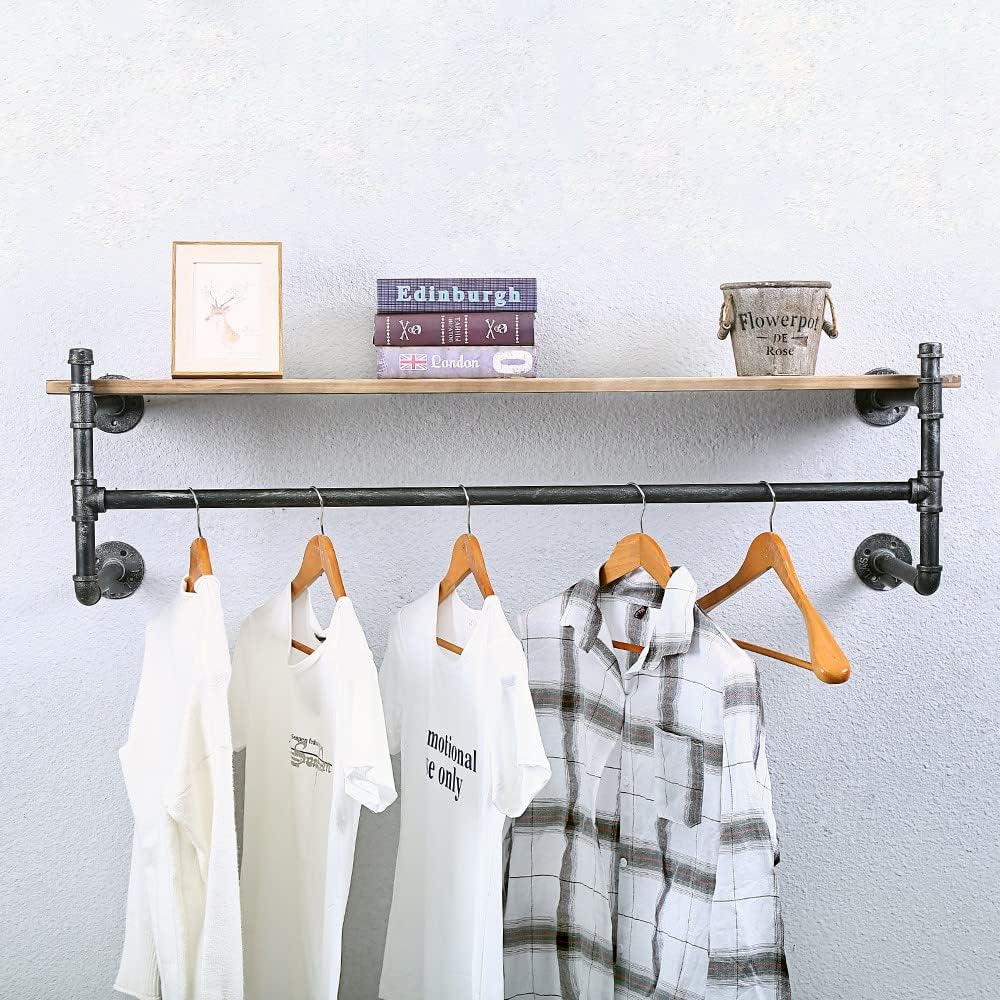 Industrial Pipe Clothing Rack Wall Mounted with Real Wood Shelf,Pipe Shelving Floating Shelves Wall Shelf,48in Retail Clothes Racks Display Rack