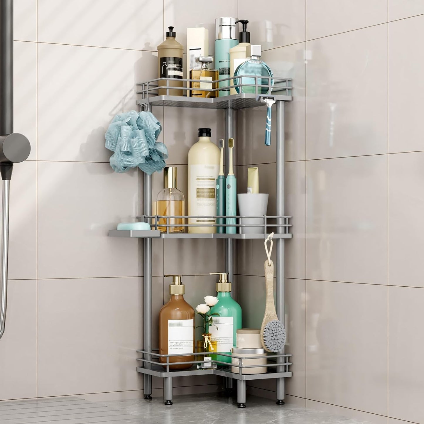 HapiRm Corner Shower Caddy Standing - 3 Tier Shower Organizer Corner with Soap Holder, Rustproof Bathroom Standing Organizer with 4 Hooks, Grey