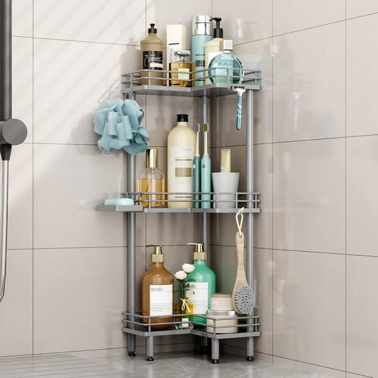 HapiRm Corner Shower Caddy Standing - 3 Tier Shower Organizer Corner with Soap Holder, Rustproof Bathroom Standing Organizer with 4 Hooks, Grey