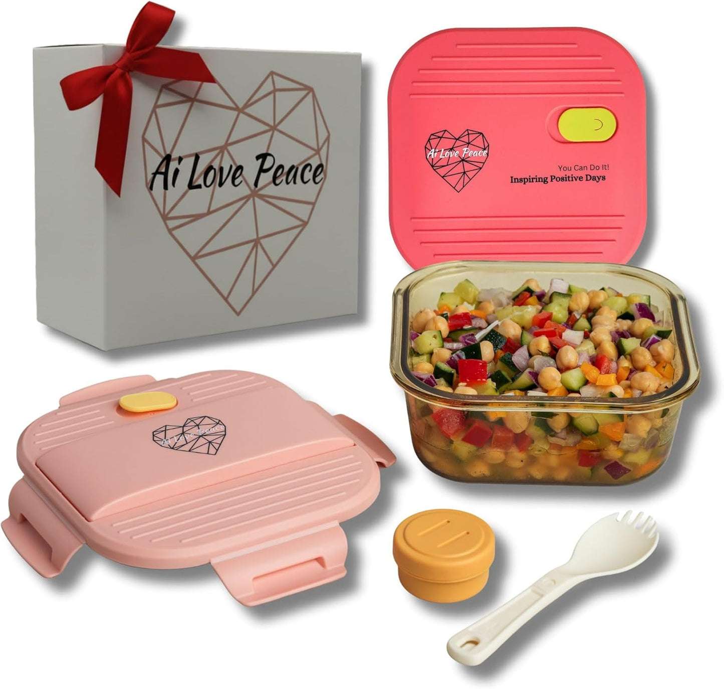 Ai Love Peace Soup Container with Dual Lids,26 oz Borosilicate Glass Lunch Box | Leakproof Lid+ Microwave &Safe Freezer Lid, Stackable,Glass Meal Prep Food Storage,Perfect for Work & Soup Lovers Gift.