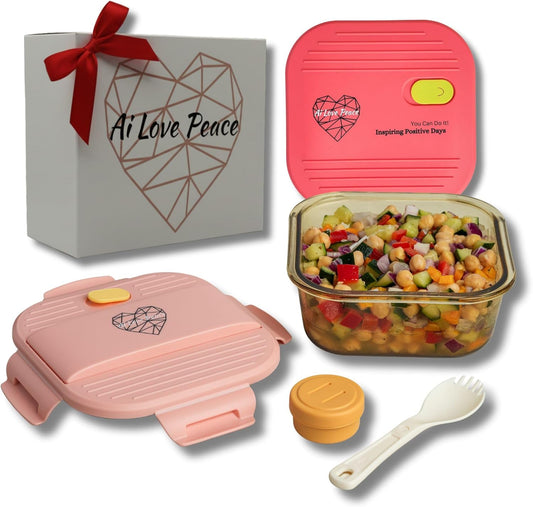 Ai Love Peace Soup Container with Dual Lids,26 oz Borosilicate Glass Lunch Box | Leakproof Lid+ Microwave &Safe Freezer Lid, Stackable,Glass Meal Prep Food Storage,Perfect for Work & Soup Lovers Gift.