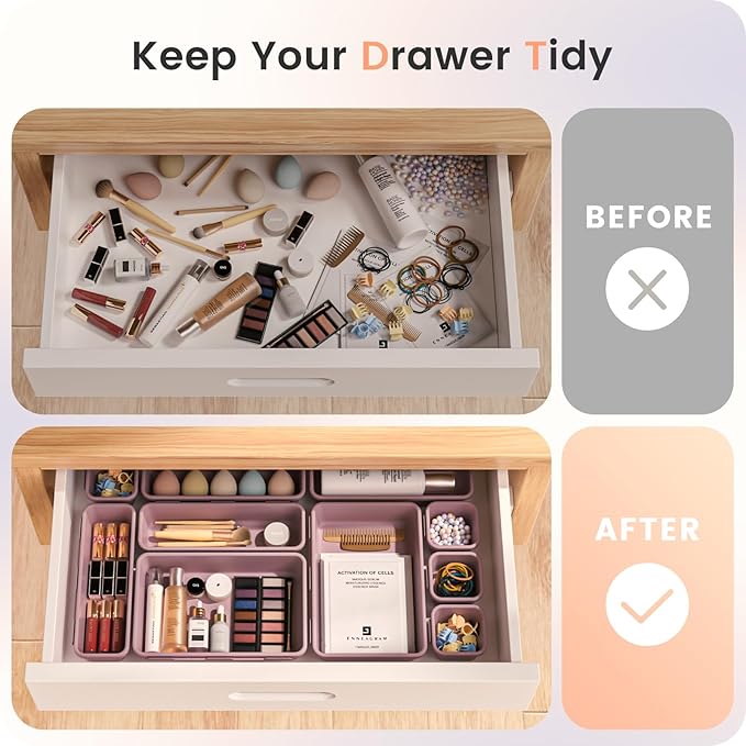 A-LuGei 【𝟮𝟴𝗣𝗖𝗦】 【𝟱𝗦𝗶𝘇𝗲】 Purple Drawer Organizer, Makeup organizer, 【Holds 177 Items】 Bathroom Organizers and Storage, Plastic Desk Organizer Divider, Organizer Bins for Office Vanity